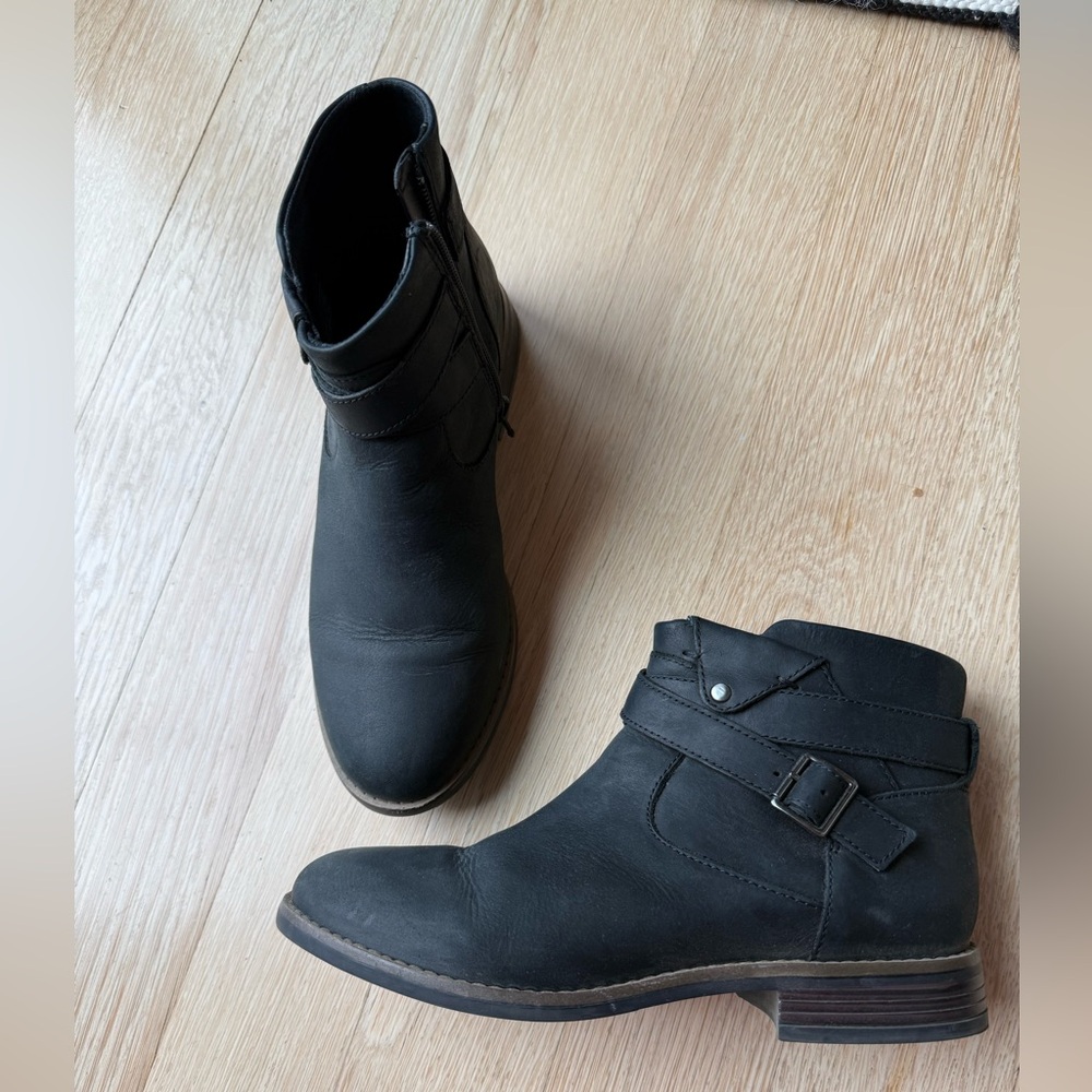 Clarks Dark Ankle Booties with Strap Accent